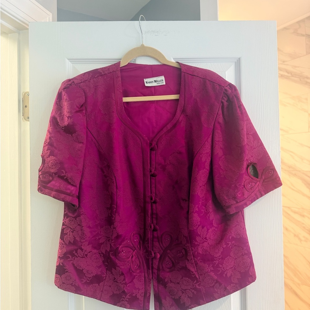 Karen Millen Fuchsia Jacquard Button Front Short Sleeve Top